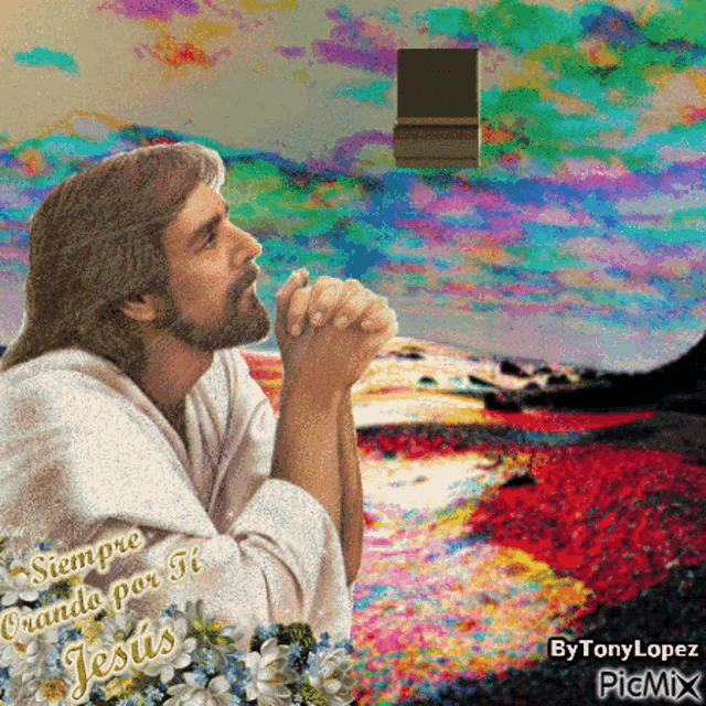 a painting of jesus with the words siempre orando por ti