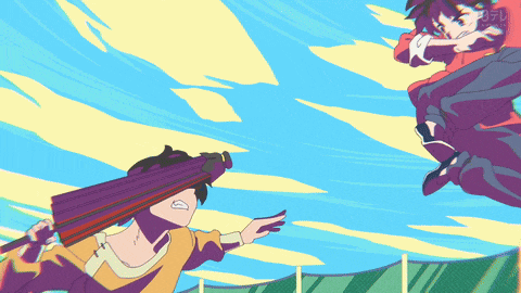 a cartoon of a man holding a purple umbrella and another man holding a sword