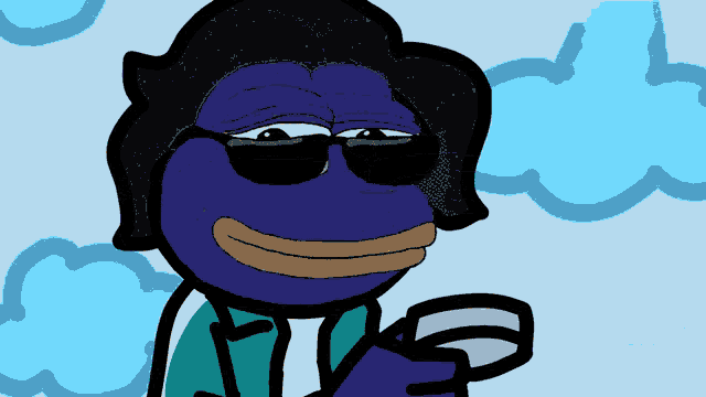 a cartoon of a blue frog wearing sunglasses holding a cup
