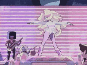 a cartoon character is dancing in front of a purple background .