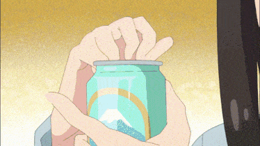 a cartoon of a person opening a can with a mountain on it