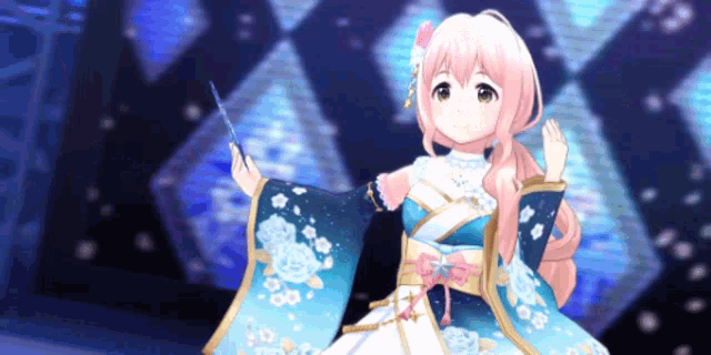 a girl with pink hair is wearing a blue kimono and holding a sword .