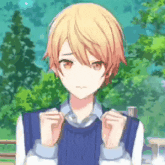 a young boy with blonde hair is wearing a blue vest and a white shirt and is standing in front of a forest .