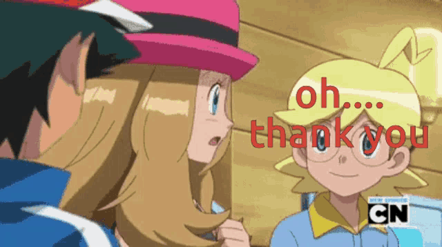 a cartoon character says " oh ... thank you " in red
