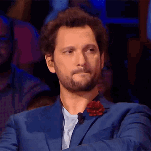 a man with a beard is wearing a blue suit and a red lapel pin