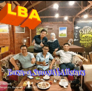 a group of people sitting on a couch with the words lba on top