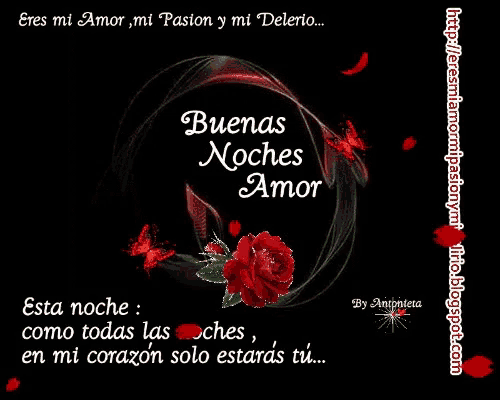 a black background with a red rose and butterflies and the words buenas noches amor