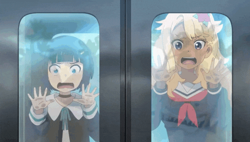 two anime girls are looking out of a window