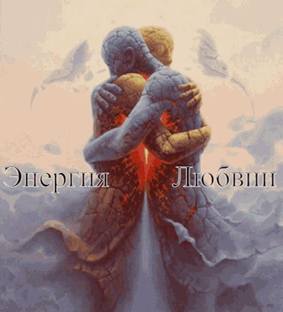 a painting of a man and woman hugging with the words energy and love written on the bottom