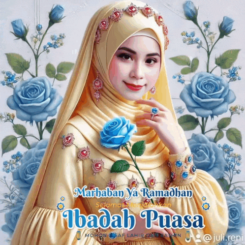 a woman in a hijab holding a blue rose with the words marhaban ya ramadhan ibabah puasa