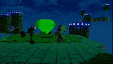 a cartoon character is standing in a room with a red light behind him