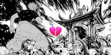 a black and white drawing of a man standing next to a broken heart and skulls .