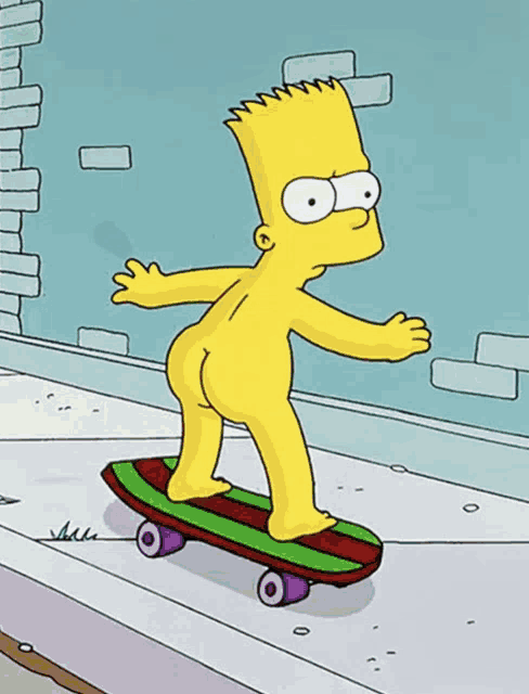bart simpson without a shirt is riding a skateboard on a sidewalk