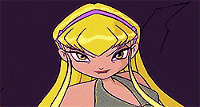 a close up of a cartoon character with long blonde hair and a purple headband