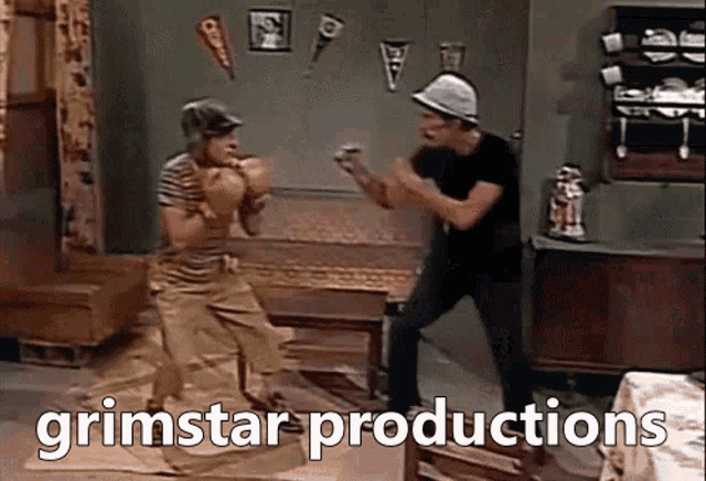 two men are boxing in a living room and the words grimstar productions are on the screen