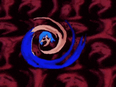 a cartoon character with blue hair is in a spiral