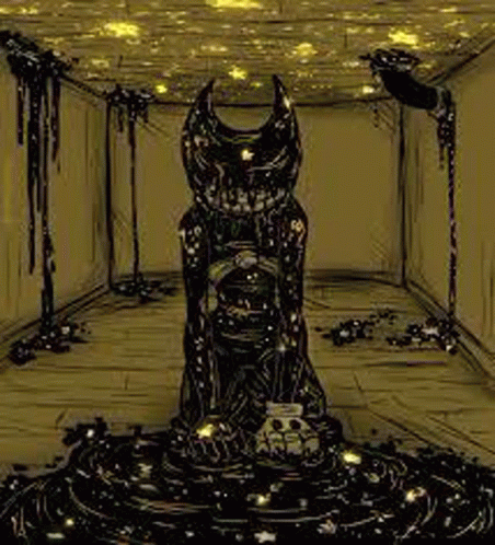 a drawing of a statue of a demon in a room covered in ink .