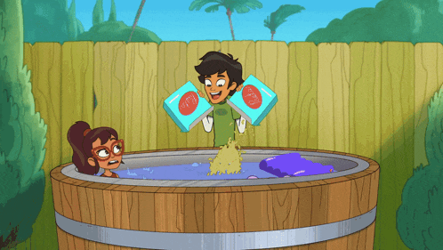 a boy and a girl are in a wooden tub