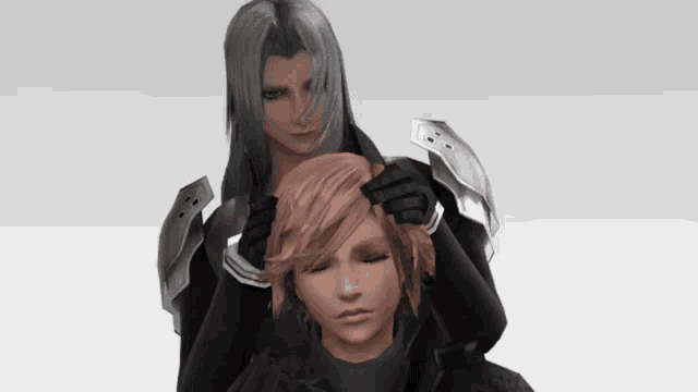 a video game character is putting a bandage on another person 's head