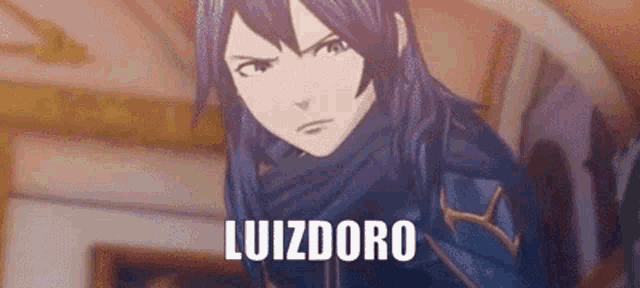 a cartoon character with purple hair is standing in a room with the words luizdoro written on the bottom .
