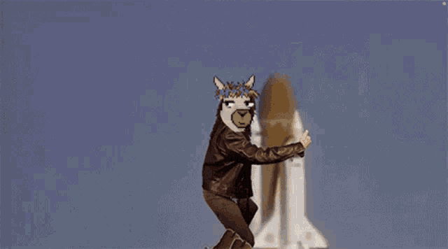 a man in a leather jacket and cowboy boots is giving a thumbs up