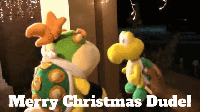 a merry christmas dude greeting card with two stuffed mario characters