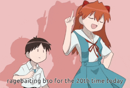 a cartoon of a girl and a boy with the words ragebaiting bro for the 20th time today