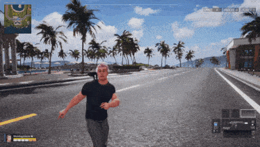 a video game screen shows a man running down a street with a badge that says 100