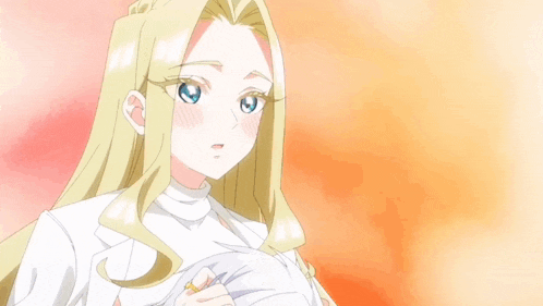 a blonde anime girl with blue eyes and a white shirt