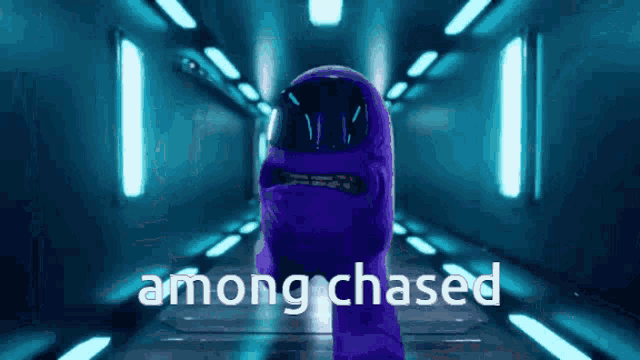 a purple among us character is standing in a hallway with the words among chased written on the bottom