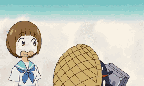 a girl in a sailor uniform stands next to a cartoon character