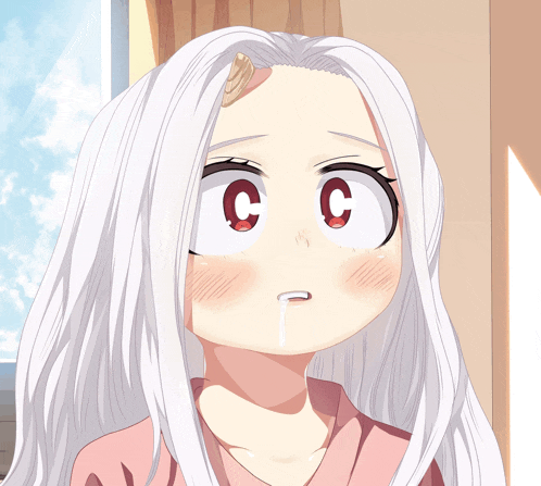 a girl with white hair and a red eye has the letter c on her face