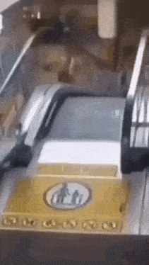 a man is riding an escalator in a building with a sign that says no standing .