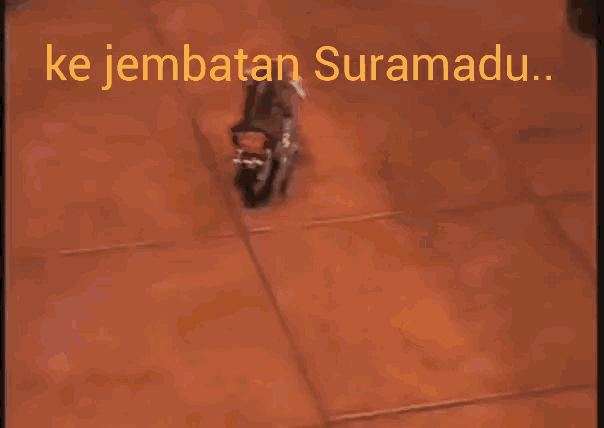 a person riding a motorcycle on a tiled floor with the words ke jembatan suramadu