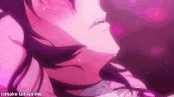 a close up of a person 's face with a purple background and the words `` omake gif anime '' on the bottom .