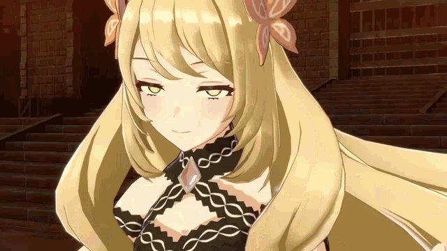 a girl with long blonde hair is wearing a black top