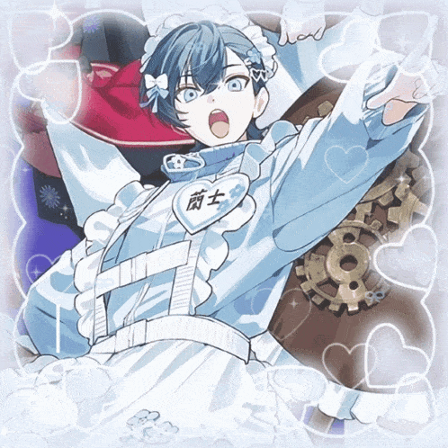 a drawing of a boy with blue hair wearing a white dress