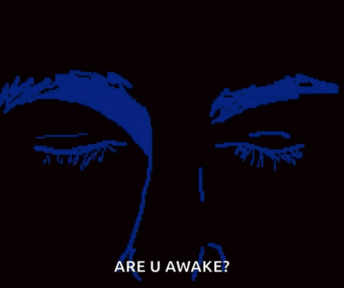 a pixel art of a man 's eyes with the words are u awake