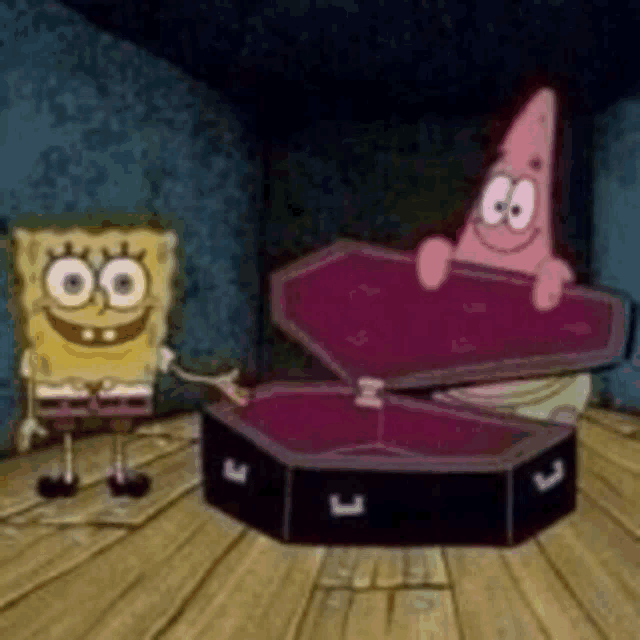spongebob and patrick are standing next to each other in a room holding a coffin .