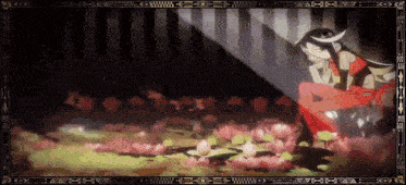a girl is sitting in a field of flowers in a dark room .