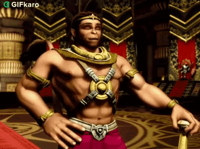 a man without a shirt is standing in a room with his hands on his hips and holding a sword .