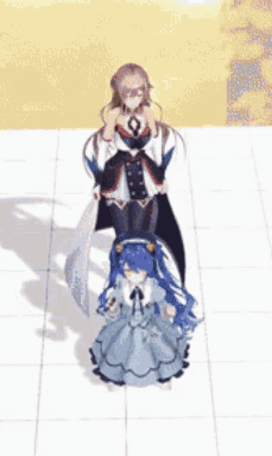two anime characters are standing next to each other on a white tiled floor