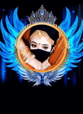 a woman wearing a mask and a crown is surrounded by wings