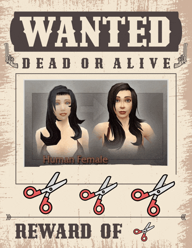 a wanted poster for a human female with scissors
