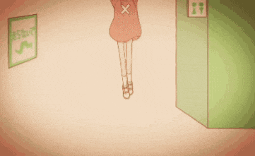 a cartoon of a girl standing in a hallway next to a green door .