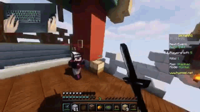 a screenshot of a video game called skywars with a sword in the foreground