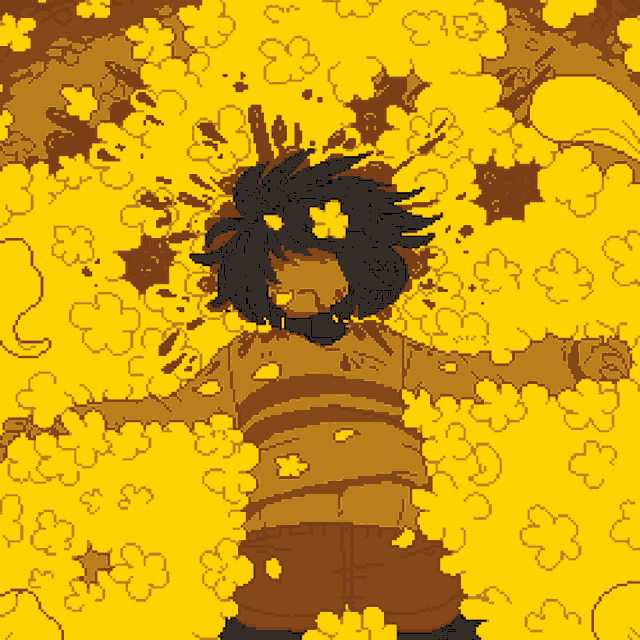 a pixel art drawing of a person surrounded by yellow flowers .