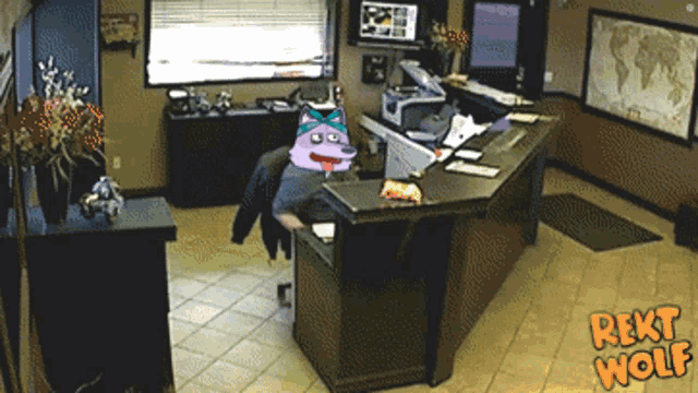 a cartoon of a wolf sitting at a desk with the words " rekt wolf " below it