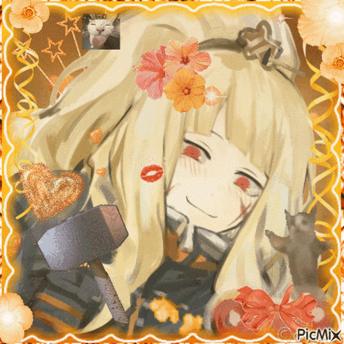a picture of a girl with flowers and a picture of a cat behind her