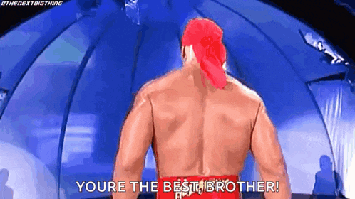 a wrestler wearing a red bandana and a red hat is saying `` you 're the best brother '' .